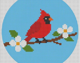 Cardinal & Dogwood Needlepoint Canvas | 4x4 Round | 14 Count Mesh | Hand Painted Style | Stitch Painted Details | Southern Needlepoint