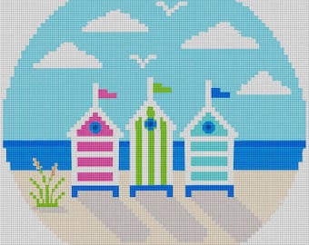 Beach Huts Needlepoint Canvas – 4 Inch Round Coastal Ornament Design