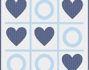 Toile bleue pour broderie chinoiseries, tic-tac-toe - 10 x 10 cm - maille 14 fils - coeurs et cercles