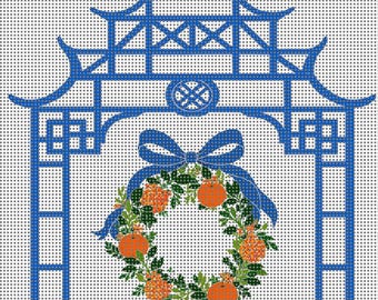 Orange Gazebo Needlepoint Canvas | 4x5 on 14 Mesh | Chinoiserie Needlepoint | Coastal Grandmillennial Decor | Holiday Citrus Design