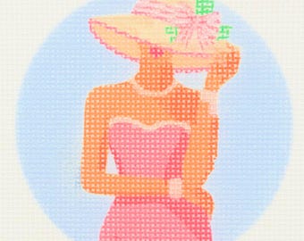 Summer Girl Needlepoint Canvas | 4x4 Inch | 14 Count Mesh | Coastal Nantucket  Style | Pink Dress Sunhat Design