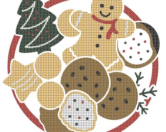 Toile de broderie pour assiette à biscuits de Noël – 4 x 4 po. – 14 mailles – Détails peints numériquement / peints au point