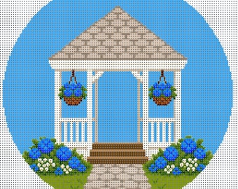 Blue Hydrangea Gazebo Needlepoint Canvas – 4" Round on 14 Count Mesh