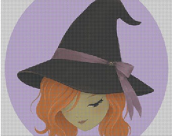 Witch  Needlepoint Canvas, 4 Inch Round Witch Canvas on 14 Count Mesh, Whimsical Fall Needlepoint, Digitally Painted Canvas