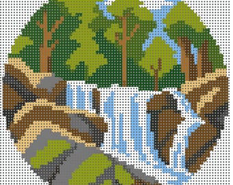 Waterfall Needlepoint Canvas | 4 Inch Round | 14 Mesh | Woodland Waterfall Needlepoint | Nature Needlepoint Canvas