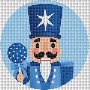 May include: A needlepoint canvas featuring a nutcracker character wearing a blue uniform with a tall hat adorned with a white star. The figure has a black mustache, a white beard, and holds a blue lollipop with white polka dots and a bow.