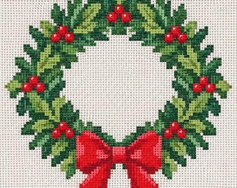 Christmas Wreath Needlepoint Canvas, 4 Inch Round Ornament, Red Bow Holiday Needlepoint, 14 Count Mesh, Beginner Friendly