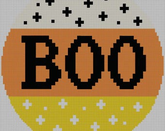 BOO Halloween Needlepoint Canvas | 4 Inch Round | 14 Count Mesh | Candy Corn Halloween Ornament Canvas