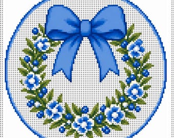 Grandmillennial Wreath Needlepoint Canvas – Chinoiserie – Beginner Friendly Floral Needlepoint Canvas