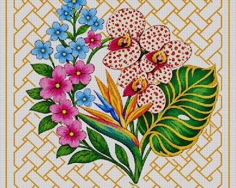 Tropical Floral Needlepoint Canvas | 5.5 Inch Square | 14 Count Mesh | Digitally Printed Canvas | Bird of Paradise & Orchid Design