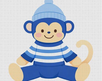 Toile preppy Monkey - Carré 4 po. - maille 14 - Adorable ornement de singe nautique - Impression numérique