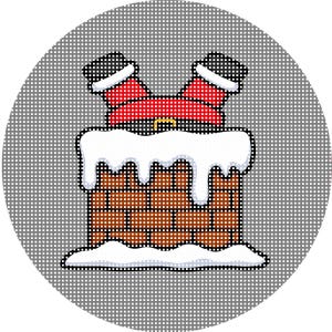 May include: A circular Christmas ornament featuring a cartoon illustration of Santa Claus stuck in a chimney. Santa's red suit and black boots are visible, with a brick chimney and snow. The background is a gray dotted pattern.