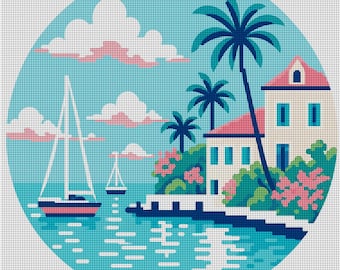 Harbor Needlepoint Canvas – Coastal Palm Beach Style | 4x4 Round on 14 Mesh | Digitally Painted with Stitch Painted Detail