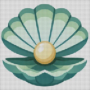 May include: A stylized illustration of an open seashell with a large, round, golden pearl at its center. The shell is rendered in shades of teal and green, with a dotted pattern background.