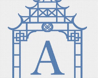 Toile monogrammée chinoiserie Gazebo • 4 x 5 po. • Maille 14 fils
