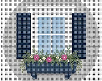 Coastal Window Box Needlepoint Canvas – 4” Round on 14 Mesh – Blue Shutters Floral Design – Digitally Painted with Stitch-Painted Details