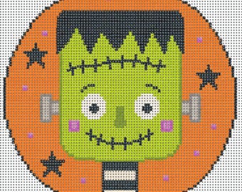 Frankenstein Boy Needlepoint Canvas | Halloween Needlepoint | 4 Inch Round | 14 Count Mesh Beginner Friendly