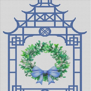 Chinoiserie Gazebo Wreath Needlepoint Canvas | 4x5 inch on 14 Count Mesh