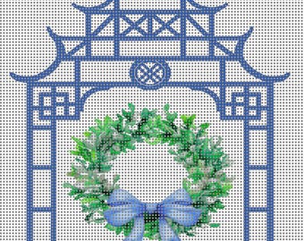 Chinoiserie Gazebo Wreath Needlepoint Canvas | 4x5 inch on 14 Count Mesh
