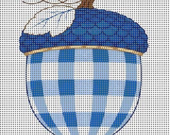 Blue Gingham Acorn Needlepoint Canvas, 4x4 Round, 14 Mesh, Fall Needlepoint Design, Preppy Coastal Needlepoint, Stitch Painted Canvas