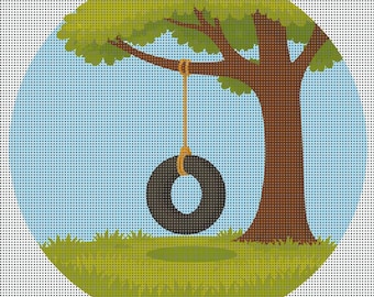 Tire Swing Needlepoint Canvas – 4” Round on 14 Mesh – Tree Swing Design – Digitally Painted with Stitch Painted Details – Summer Nostalgia