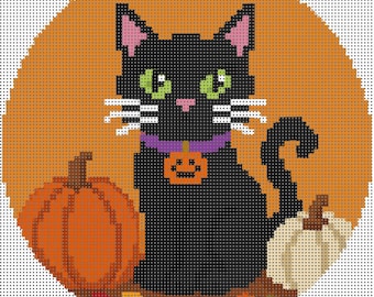 Halloween Black Cat with Pumpkins Needlepoint Canvas | 4 Inch Round | 14 Count Mesh | Digitally Painted | Includes Stitch Guide