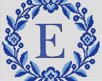 Chinoiserie Monogram Needlepoint Canvas | Blue & White Floral Wreath | Custom Initial