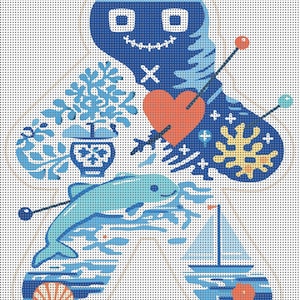 May include: A whimsical, blue and white illustration featuring a stylized figure with a smiling face, a heart pierced by an arrow, and various nautical elements. A dolphin, sailboat, and seashell are included in the design. The artwork is on a dotted background.