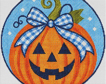 Halloween Pumpkin Needlepoint Canvas with Blue Bow, 4 Inch Round, 14 Count Mesh, Jack O Lantern Needlepoint Ornament