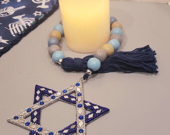 Jewish decor garland - farmhouse bead garland - star of David beaded tassel - Hanukkah star of David tassel garland - Judaica bead garland