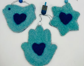 Blue felted Jewish holiday ornaments - Hanukkah decorations - Chanukah blue decor - Jewish decor ornaments - Hamsa dove and star ornaments