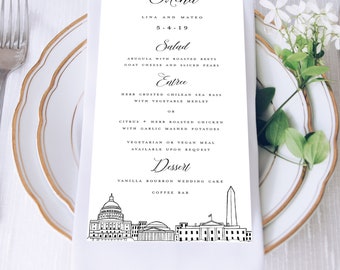 Washington DC Skyline Wedding Menus | Skyline Drawing Menu Card | Printed Menus| Black and white design