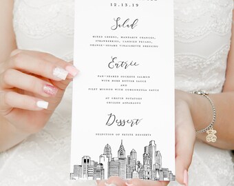 Philadelphia, Pennsylvania Skyline Wedding Menus | Philly Skyline Drawing Menu Card | Printed Menus | Black and white design