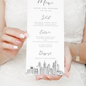Philadelphia, Pennsylvania Skyline Wedding Menus | Philly Skyline Drawing Menu Card | Printed Menus | Black and white design