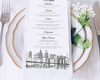 New York City Skyline Wedding Menus | Skyline Drawing Menu Card | Printed Menus| Black and white design