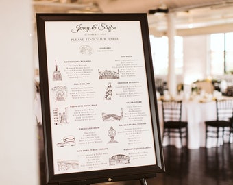 NYC Icons Wedding Seating Chart Poster or Canvas | Can be customized to other cities | 24x36