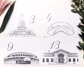 Chicago Icons Wedding Table Numbers | Chicago Wedding Theme | Chicago Landmarks, Set of 10, 15, 20, 25, or 30
