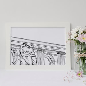 NYC New York Public Library Lion Art Print | NYPL Drawing | NYC Gift | 5x7 or 8x10