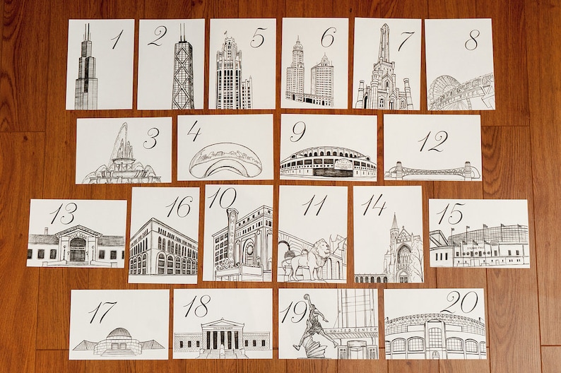 Chicago Icons Wedding Table Numbers Chicago Wedding Theme Chicago Landmarks, Set of 10, 15, 20, 25, or 30 image 2