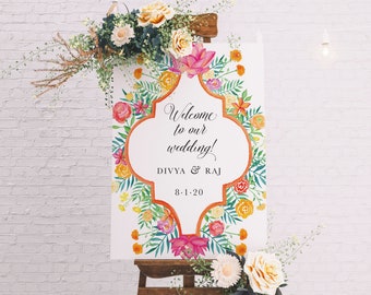 Indian Floral Arabesque Wedding Welcome Sign | 18x24 or 24x36 | Professionally Printed Poster or Canvas