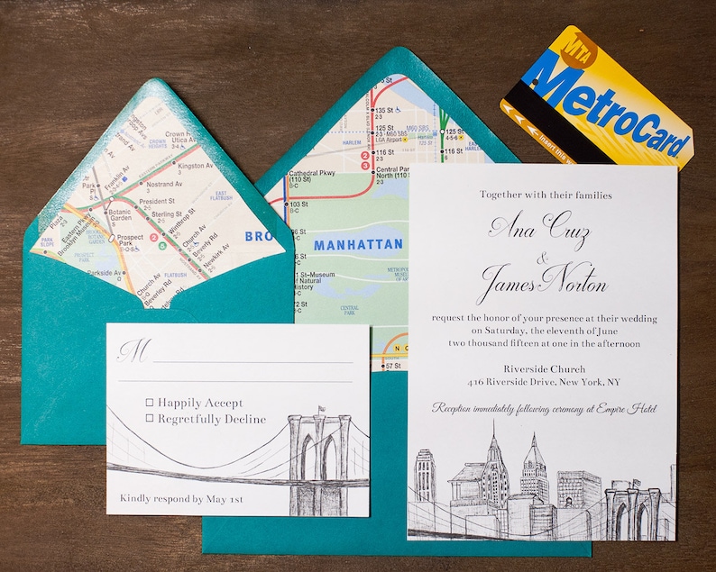 NYC Skyline Wedding Invitation Suite Brooklyn Bridge, Central Park New York City Wedding Invite image 3