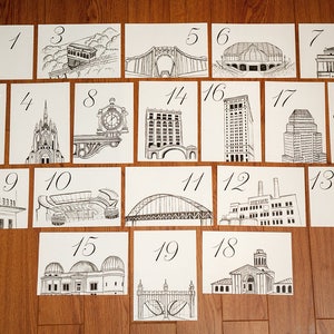 Pittsburgh Icons Wedding Table Numbers Pittsburgh Landmark Wedding Table Cards, Set of 10, 15, 20, 25, or 30 image 2