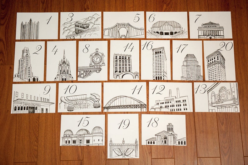 Pittsburgh Icons Wedding Table Numbers Pittsburgh Landmark Wedding Table Cards, Set of 10, 15, 20, 25, or 30 image 2