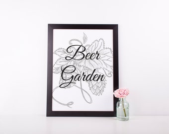 Beer Garden Digital Print | 8x10 Brewery Wedding Sign | Instant Download | Printable Wall Art | Hops Drawing | Beer Quotes