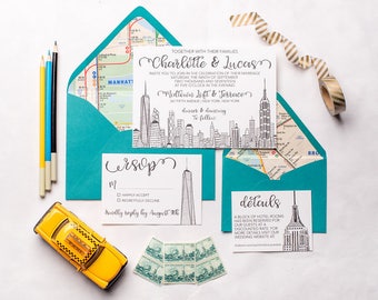 NYC Skyline Wedding Invitation Suite | Empire State Building, Freedom Tower, World Trade Center, New York City Wedding Invite