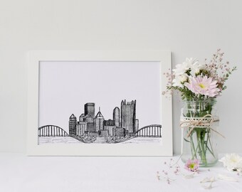 Pittsburgh Skyline Drawing | 5x7 or 8x10 Print | Black and White | Gallery Wall Home Decor