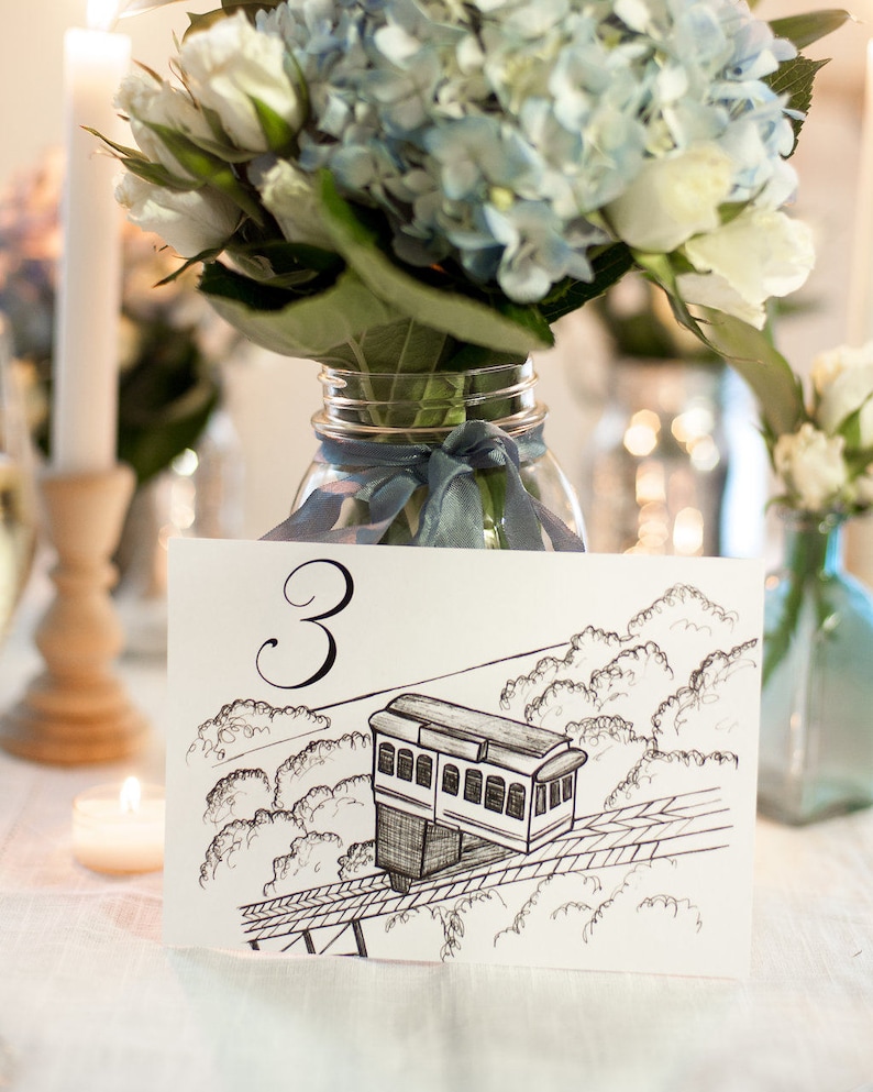 Pittsburgh Icons Wedding Table Numbers Pittsburgh Landmark Wedding Table Cards, Set of 10, 15, 20, 25, or 30 image 1