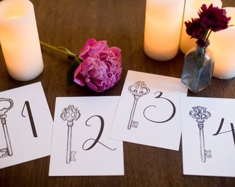 Vintage Skeleton Key Printable Wedding Table Numbers | Instant Download | Skeleton Key Drawing | Wedding Table Cards, Set of 20