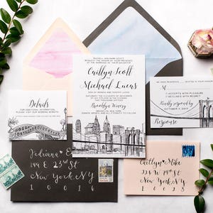 NYC Skyline Wedding Invitation Suite | Brooklyn Bridge, Central Park New York City Wedding Invite