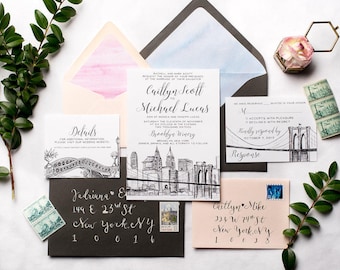 NYC Skyline Wedding Invitation Suite | Brooklyn Bridge, Central Park New York City Wedding Invite